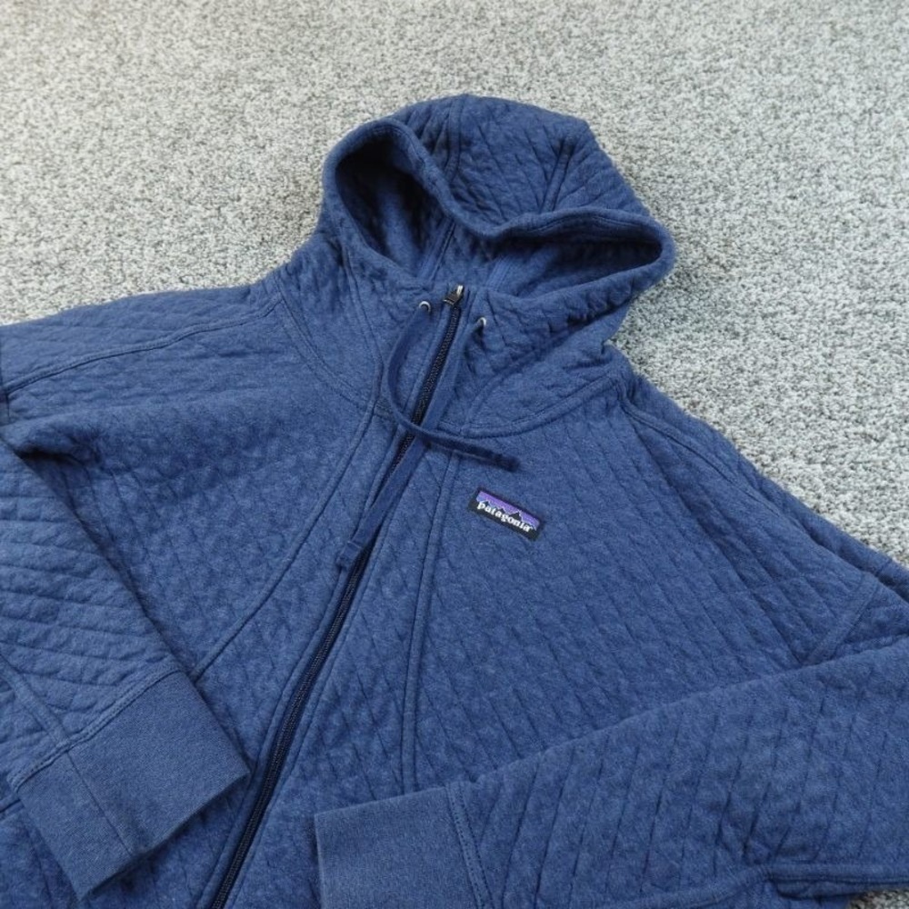Patagonia Jacket Womens S Blue Organic Cotton Quilt Hoody Quilted Full Zip Hike - Picture 1 of 11